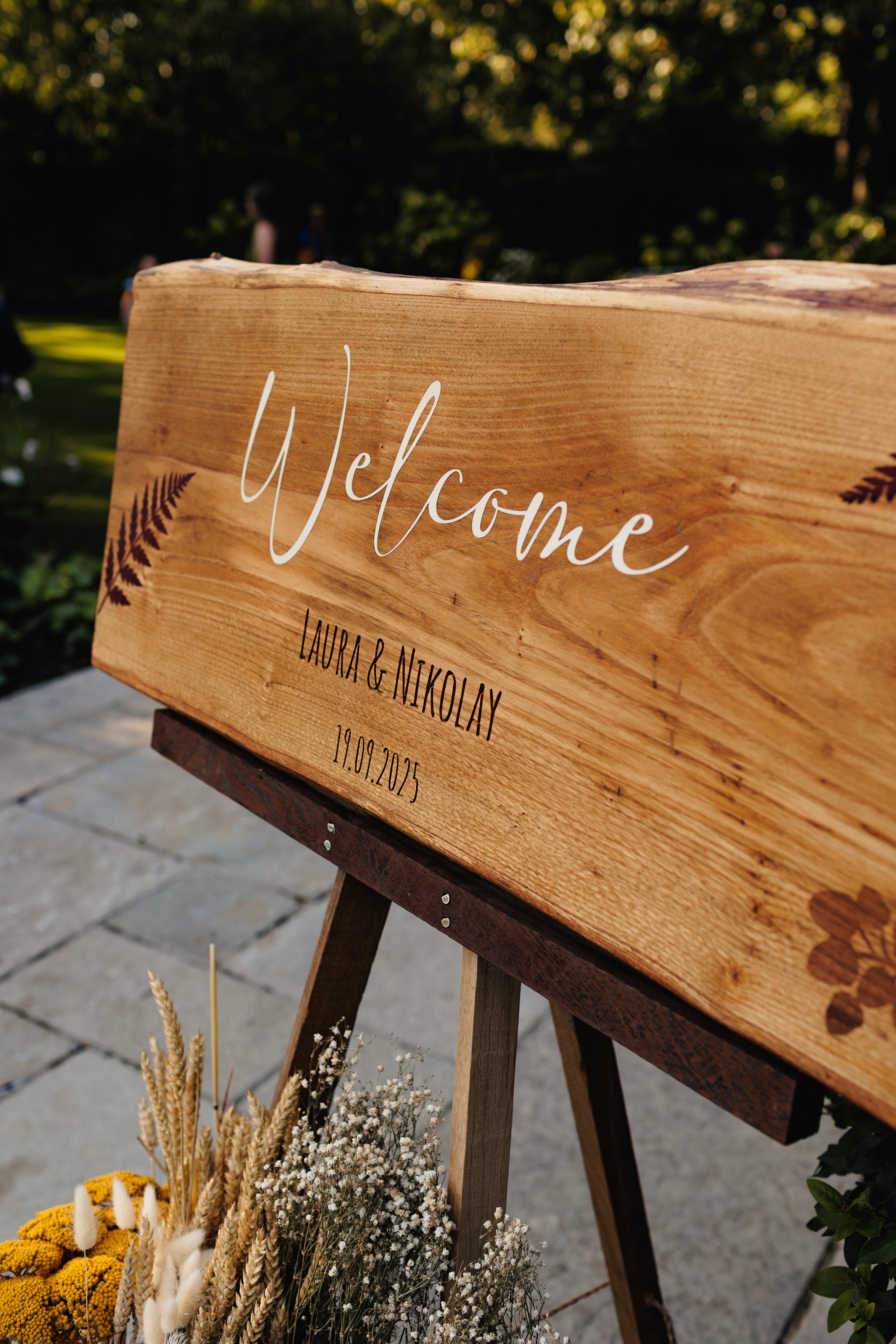 Wooden wedding welcome sign with custom lettering